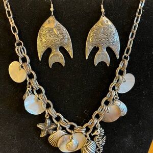 Talbots Silver-Tone Fish & Shell Charm Necklace with Matching Fish Earrings